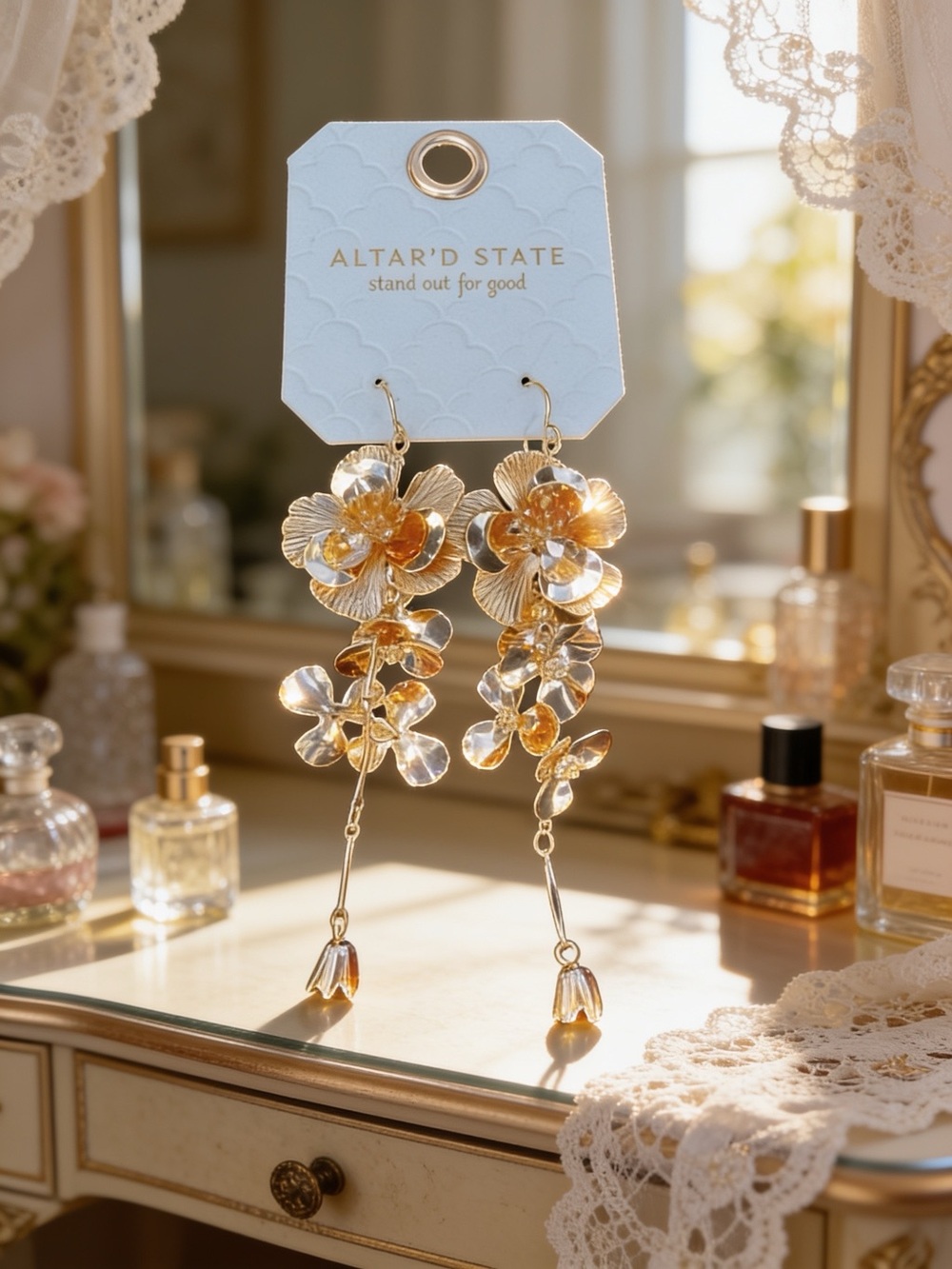 Altar'd State Gold Floral Crystal Drop Earrings